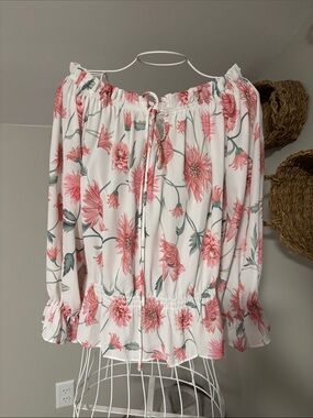 White Off-Shoulder Floral Blouse with Pink Bloom Print
